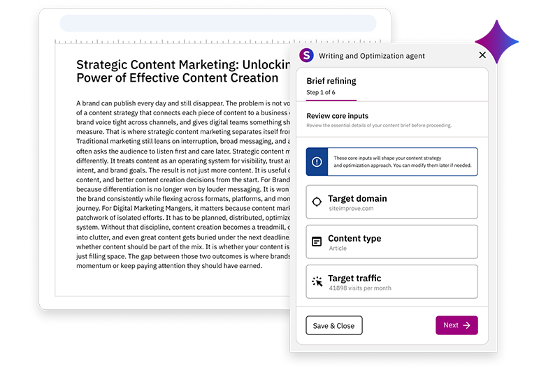 Writing and optimization agent interface reviewing content brief inputs beside a strategic content marketing article draft.