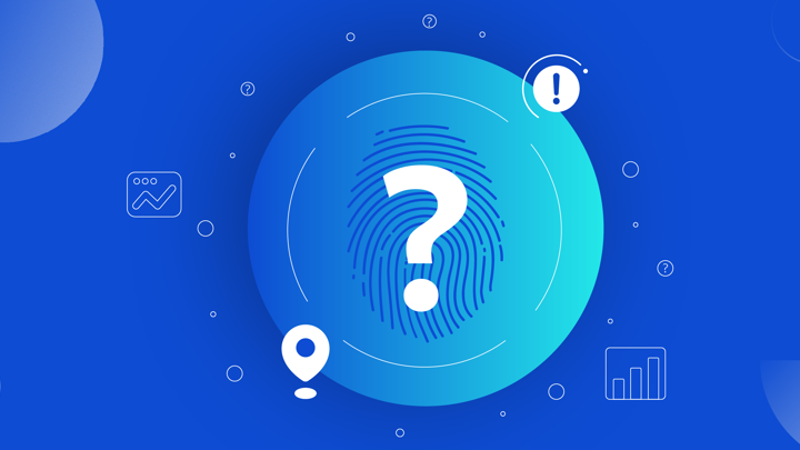 Image of a circle with a question mark on top of a finger print. there are icons around it to imply user data such as location and metrics