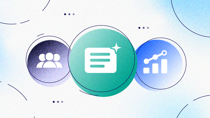 Circles with icons meant to represent a team of people, a webpage, and an ascending graph